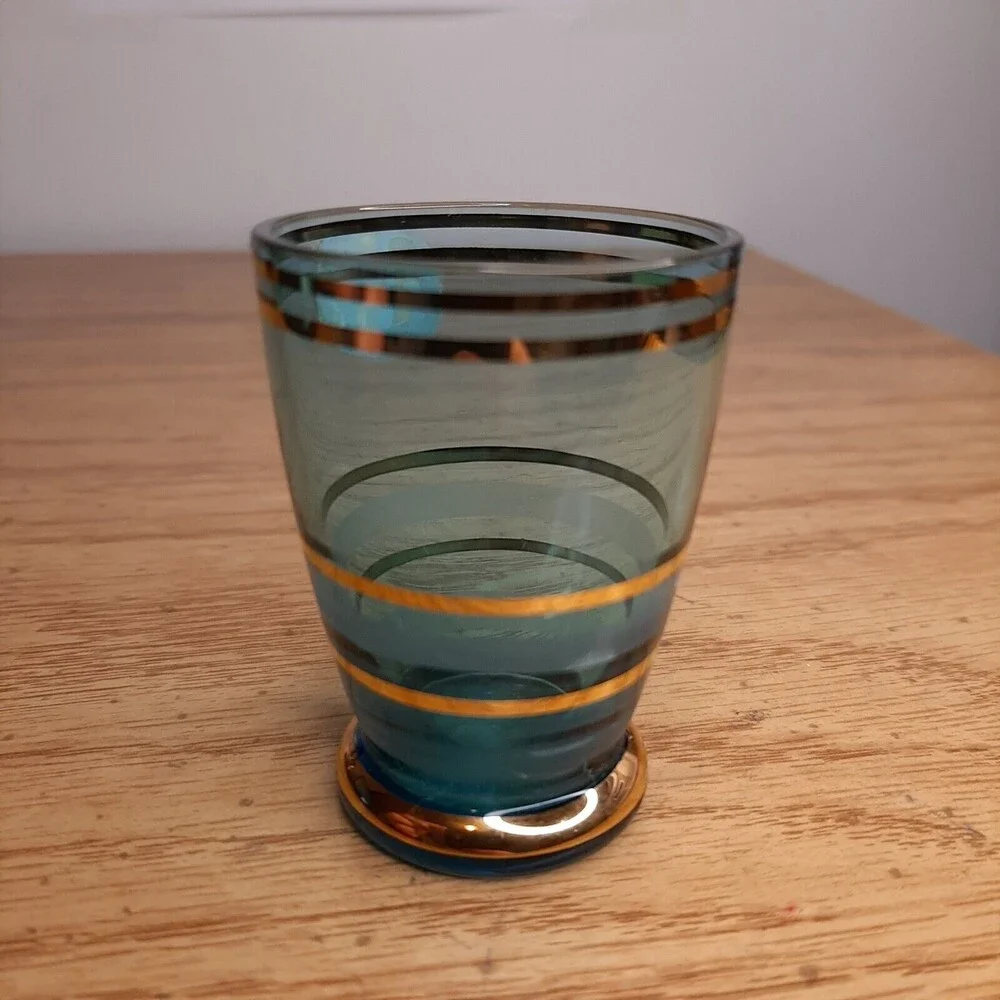 Vtg Czech Bohemia Glass Aperitif Shot Glass Blue w/ Gold Stripes Sticker label
